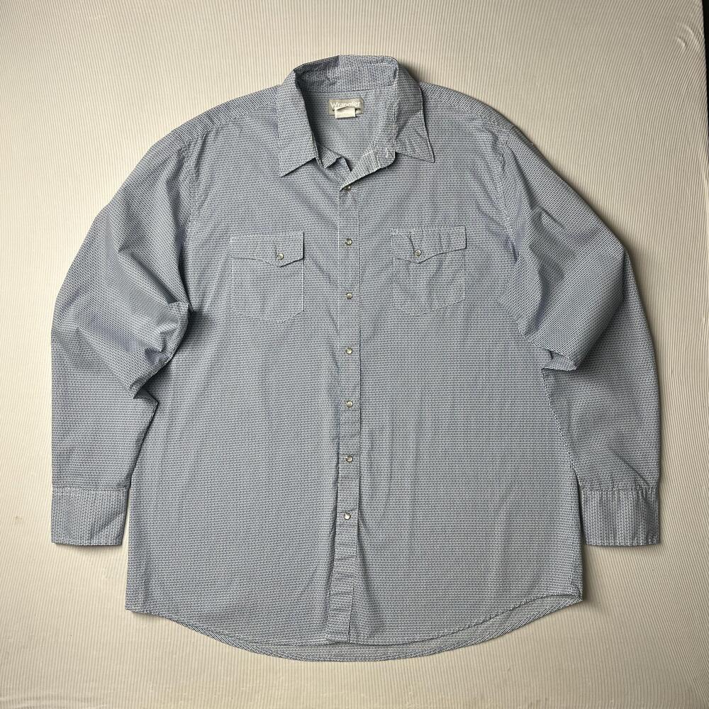 Wrangler Shirt Mens 2XLT Blue Long Sleeve Western Pearl Snap Pockets